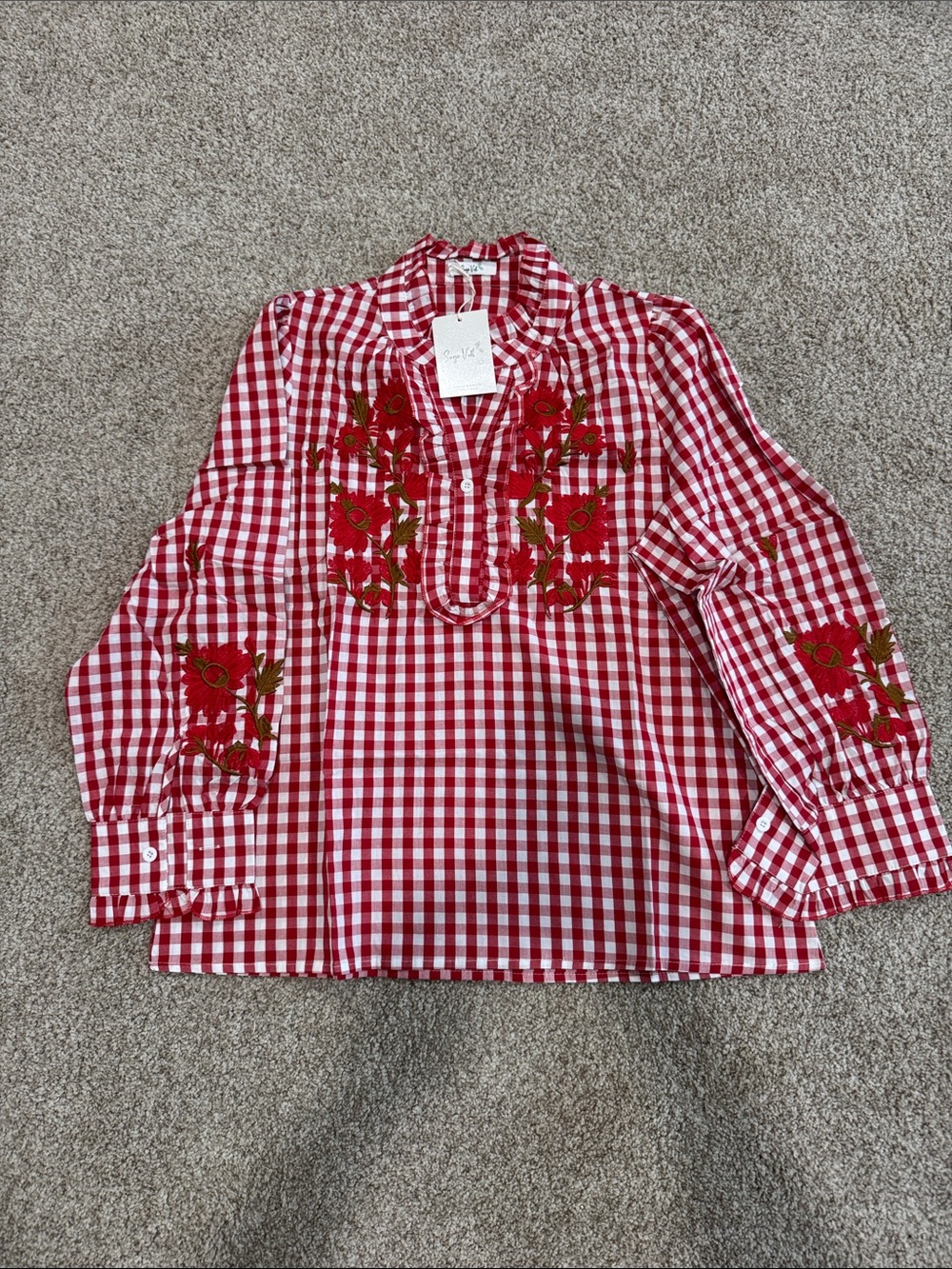 NWT Sage Vell Womenβs Large Red Gingham Embroidered Long Sleeve Blouse